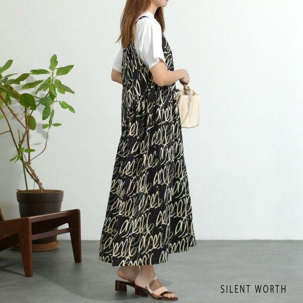 【M】総柄アシメキャミワンピース|華奢見え ギャザー切替 ペイント柄 SILENT WORTH N-2823