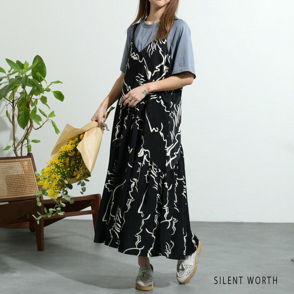 【M】総柄アシメキャミワンピース|華奢見え ギャザー切替 ペイント柄 SILENT WORTH N-2823