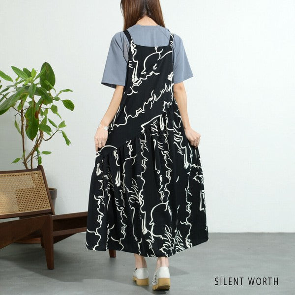 【M】総柄アシメキャミワンピース|華奢見え ギャザー切替 ペイント柄 SILENT WORTH N-2823