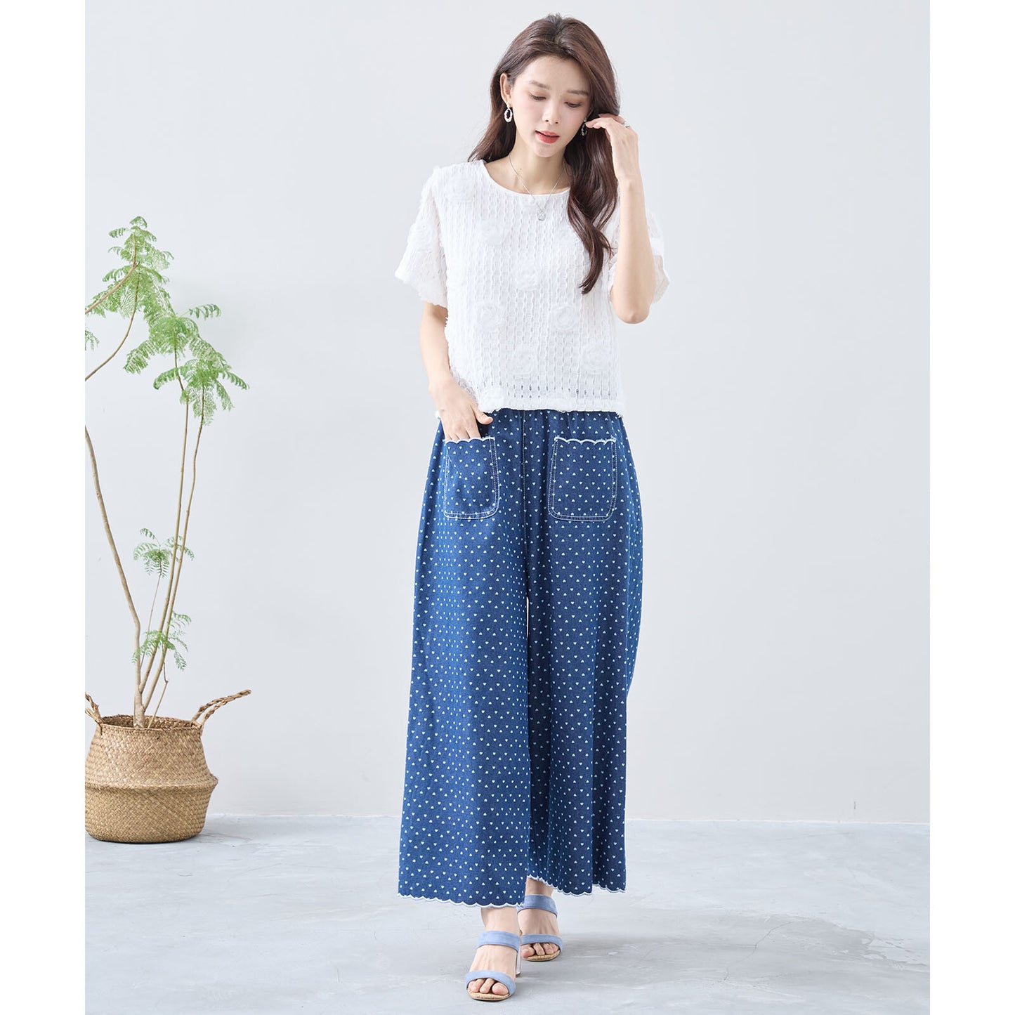 【M~L】ハートドットワイドシルエットデニムパンツ(C35-324)