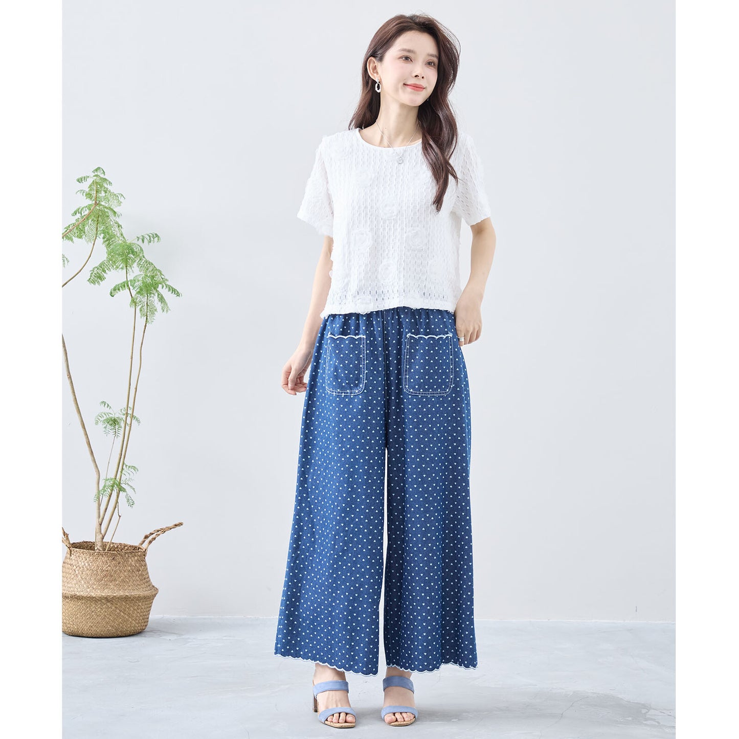 【M~L】ハートドットワイドシルエットデニムパンツ(C35-324)