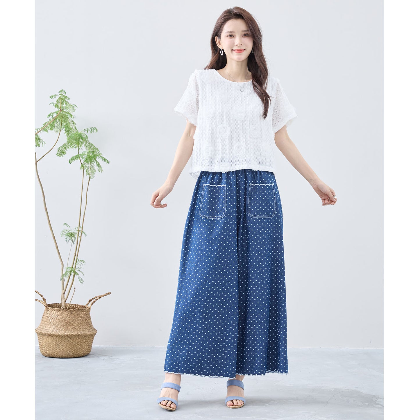 【M~L】ハートドットワイドシルエットデニムパンツ(C35-324)
