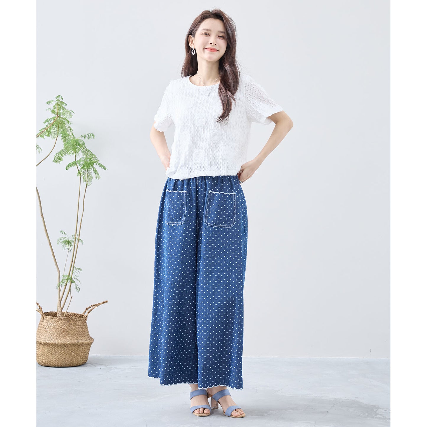 【M~L】ハートドットワイドシルエットデニムパンツ(C35-324)