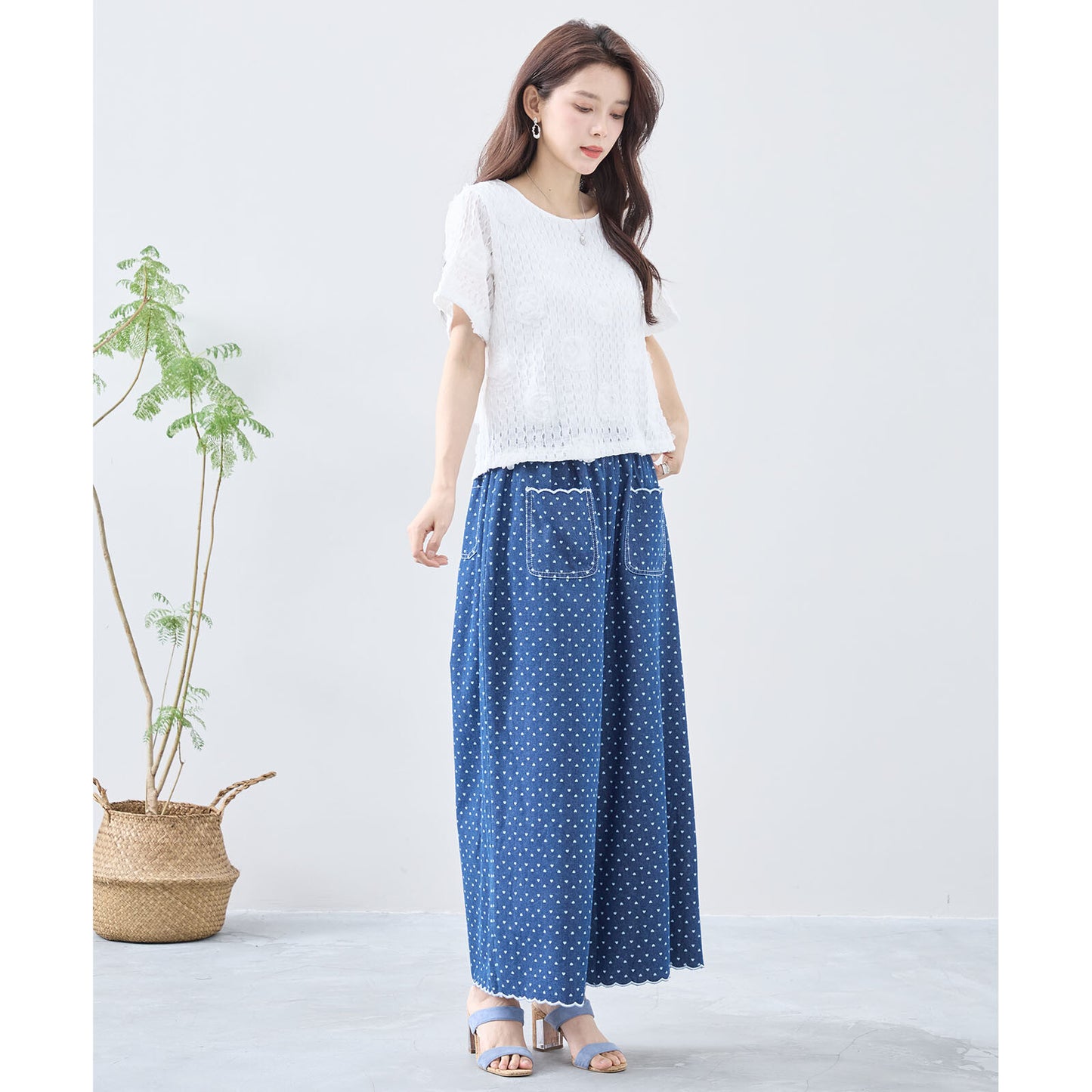 【M~L】ハートドットワイドシルエットデニムパンツ(C35-324)