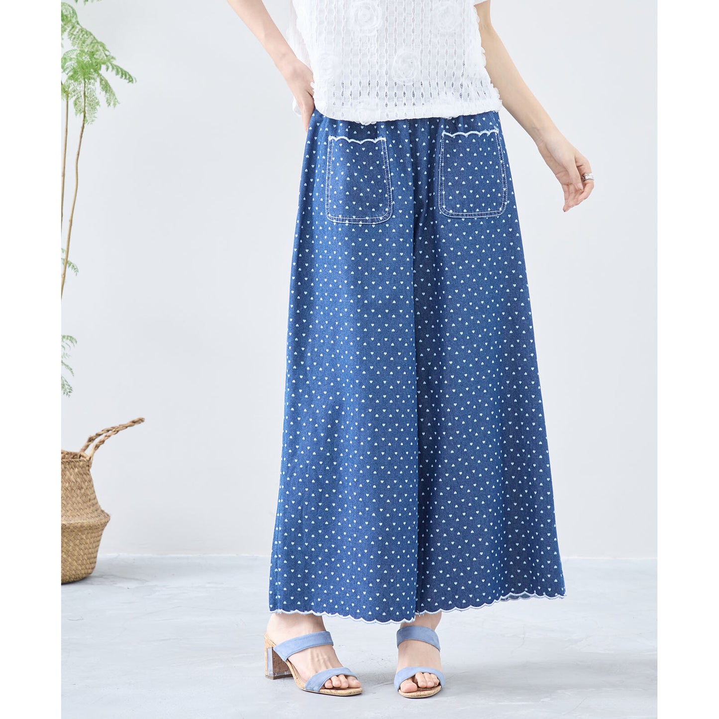 【M~L】ハートドットワイドシルエットデニムパンツ(C35-324)