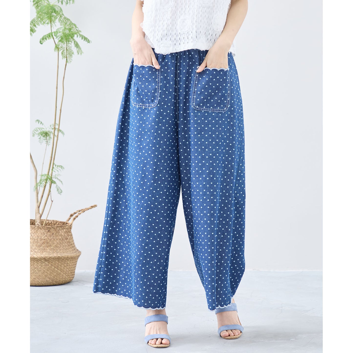【M~L】ハートドットワイドシルエットデニムパンツ(C35-324)