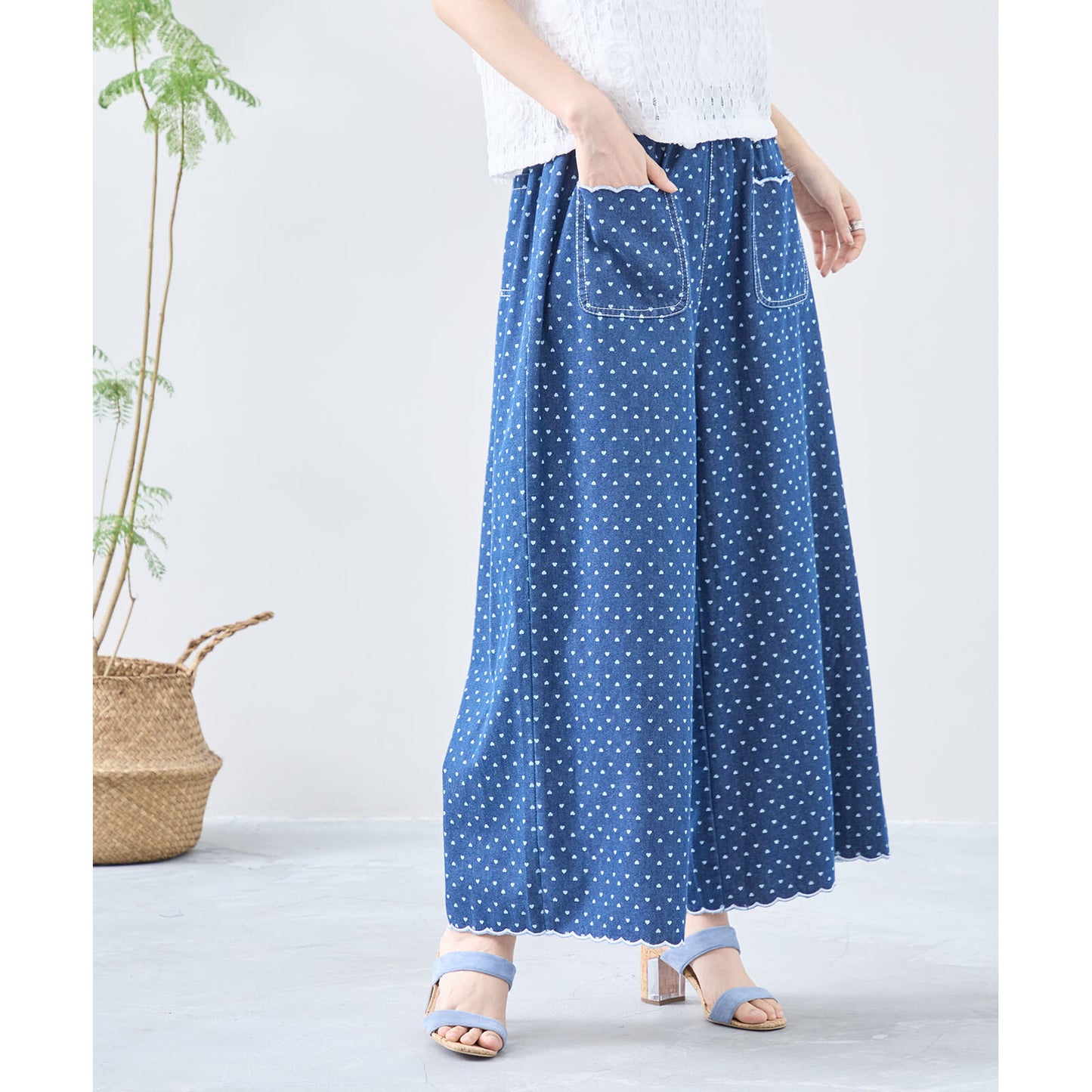 【M~L】ハートドットワイドシルエットデニムパンツ(C35-324)