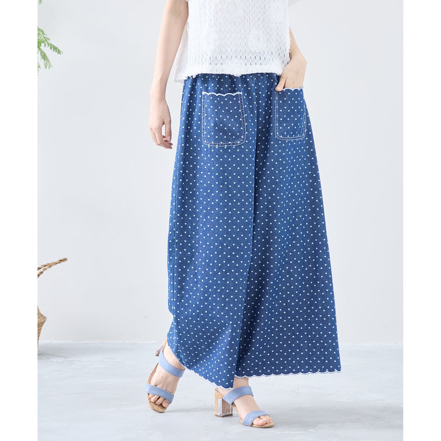 【M~L】ハートドットワイドシルエットデニムパンツ(C35-324)