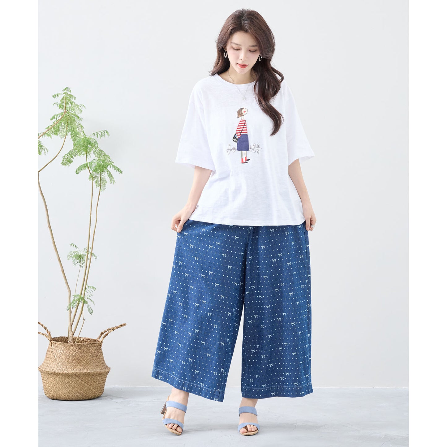 ワイド デニムパンツ M~L リボン ドット レディース ガウチョ かわいい コットン ポケット付/デニムブルー/12479007