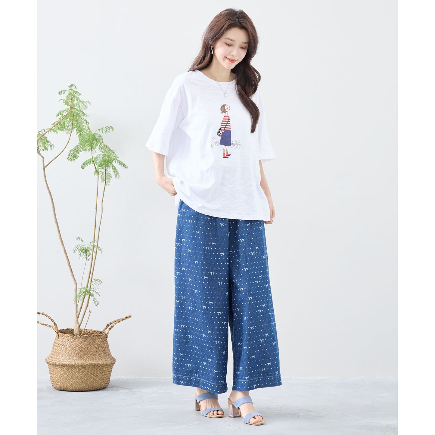 ワイド デニムパンツ M~L リボン ドット レディース ガウチョ かわいい コットン ポケット付/デニムブルー/12479007