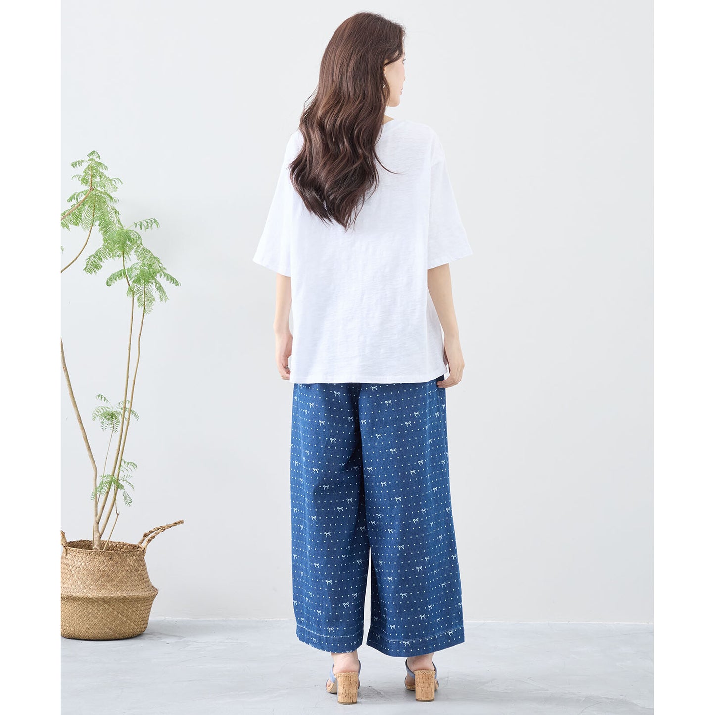 ワイド デニムパンツ M~L リボン ドット レディース ガウチョ かわいい コットン ポケット付/デニムブルー/12479007