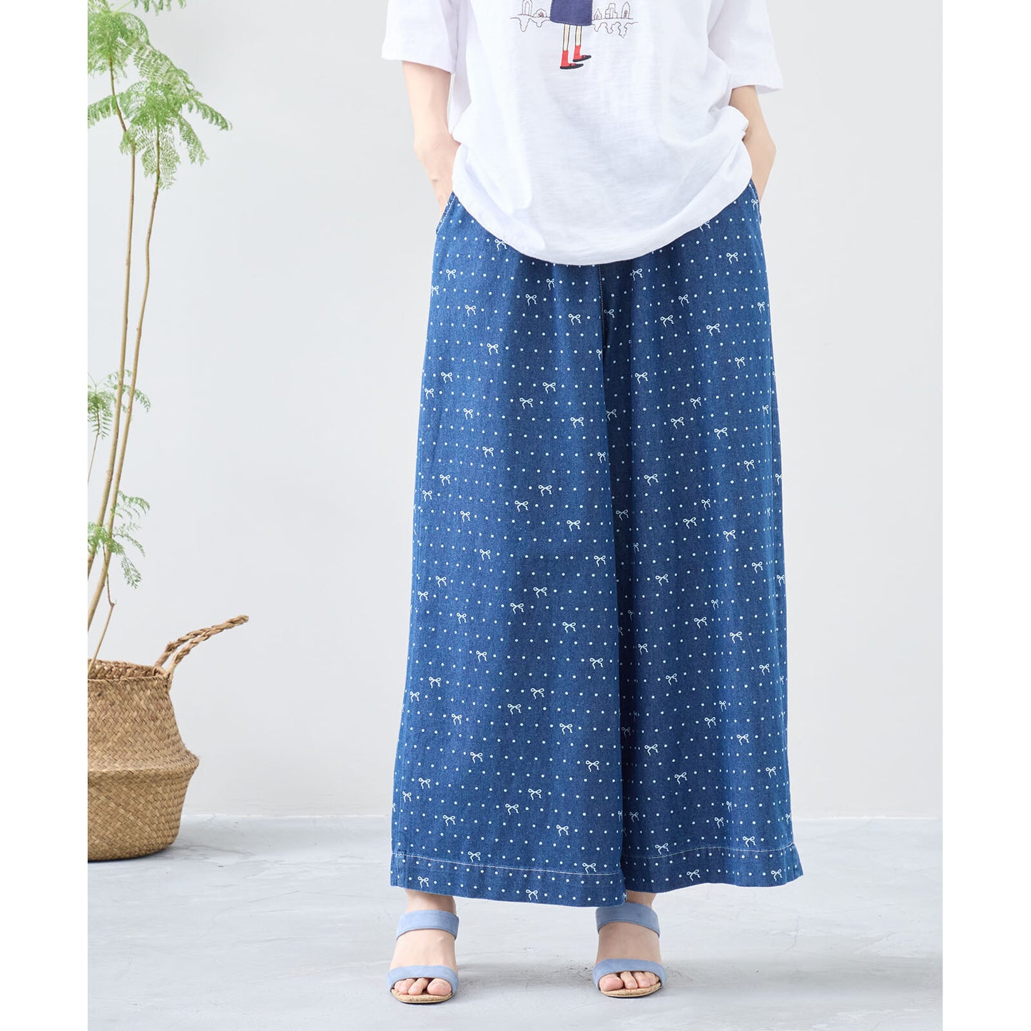 ワイド デニムパンツ M~L リボン ドット レディース ガウチョ かわいい コットン ポケット付/デニムブルー/12479007