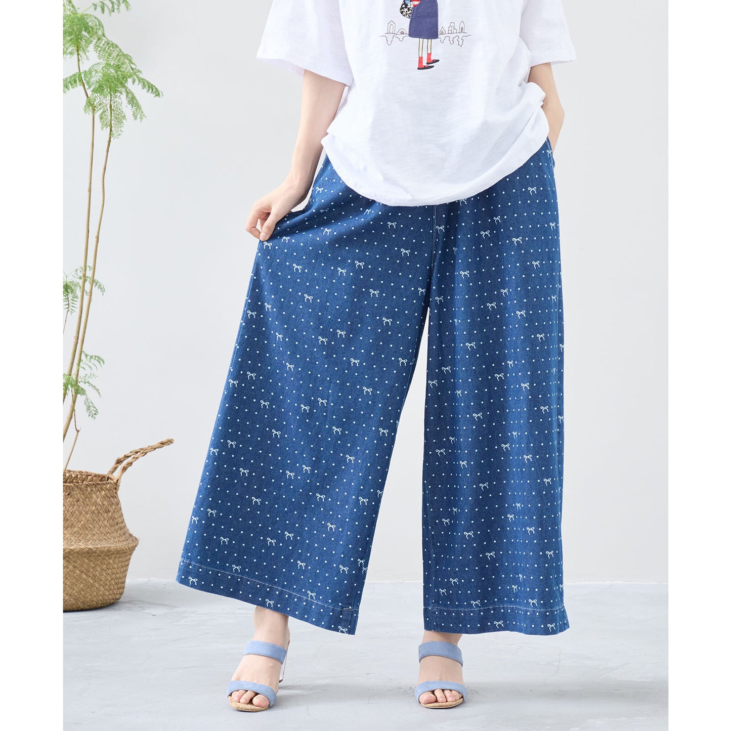 ワイド デニムパンツ M~L リボン ドット レディース ガウチョ かわいい コットン ポケット付/デニムブルー/12479007