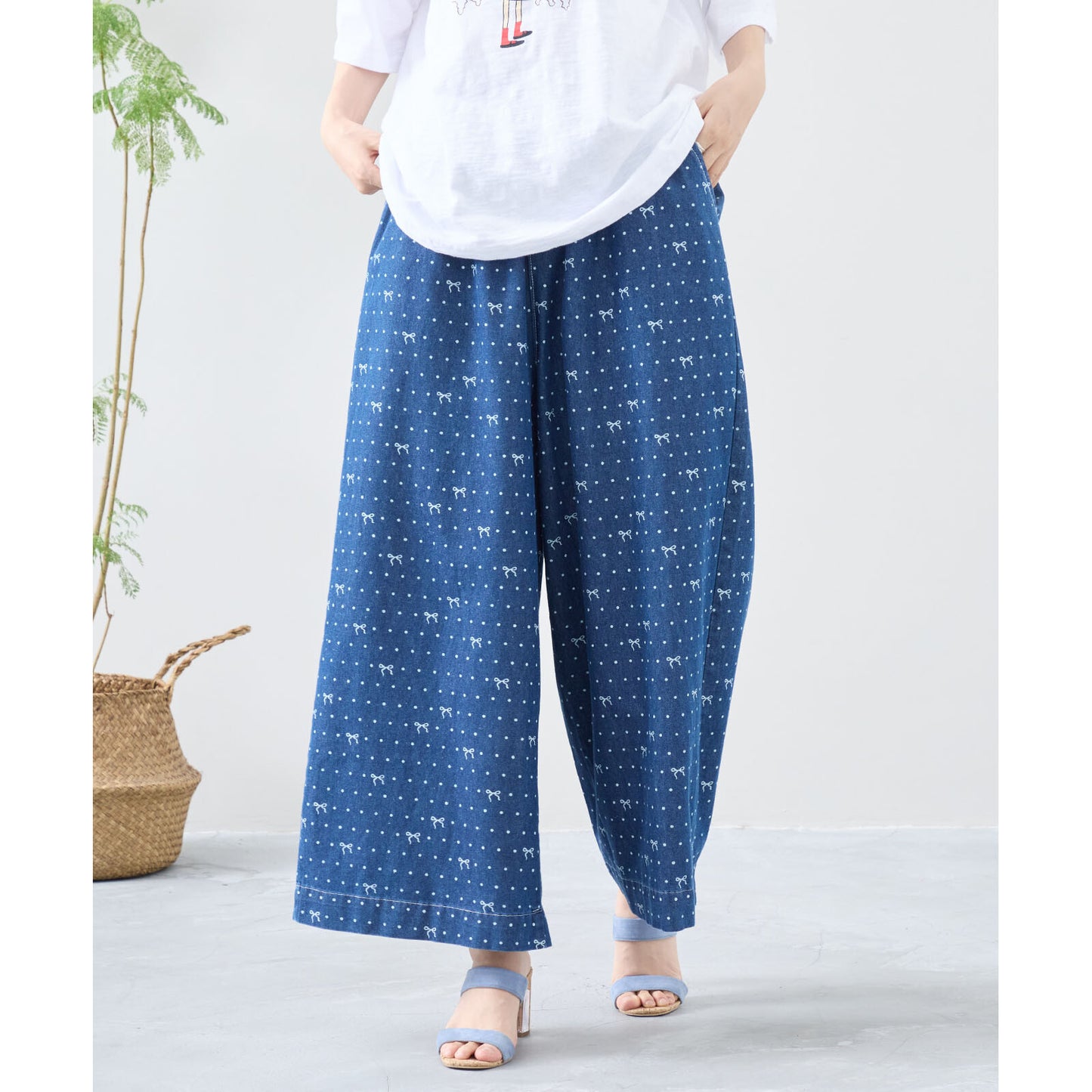 ワイド デニムパンツ M~L リボン ドット レディース ガウチョ かわいい コットン ポケット付/デニムブルー/12479007
