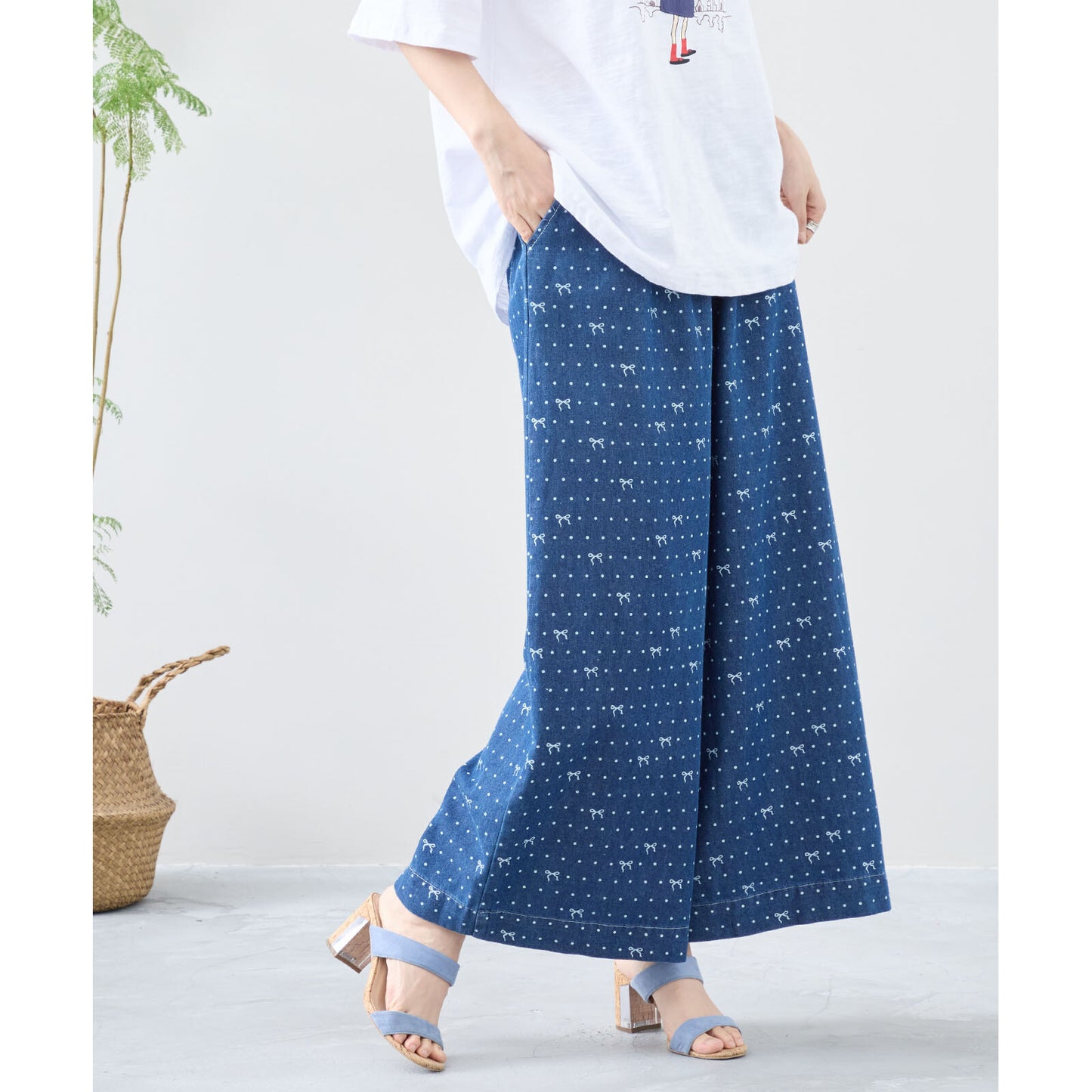 ワイド デニムパンツ M~L リボン ドット レディース ガウチョ かわいい コットン ポケット付/デニムブルー/12479007