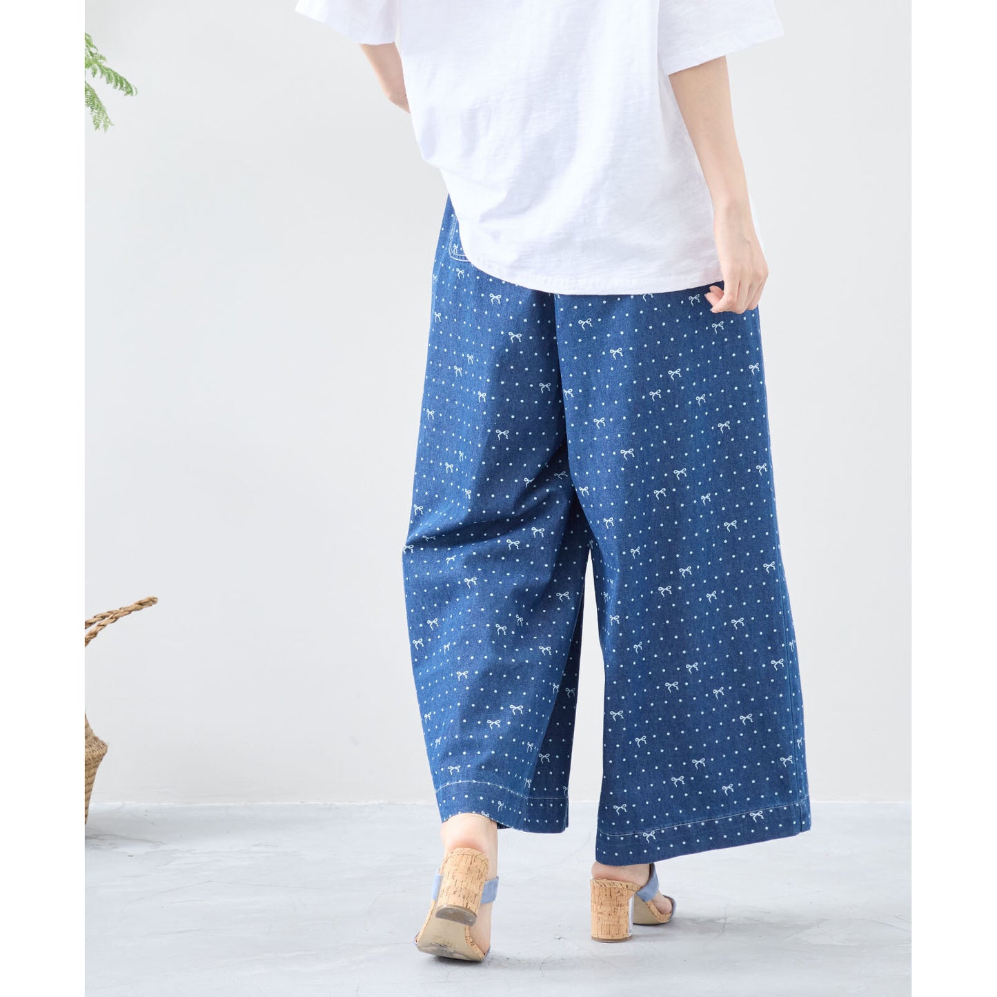 ワイド デニムパンツ M~L リボン ドット レディース ガウチョ かわいい コットン ポケット付/デニムブルー/12479007