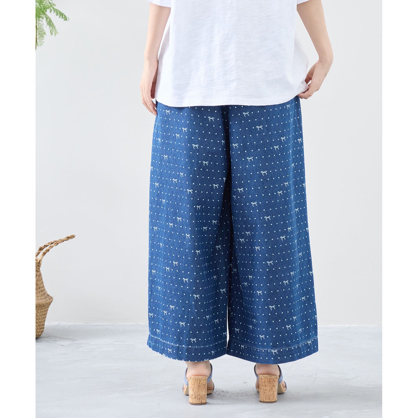 ワイド デニムパンツ M~L リボン ドット レディース ガウチョ かわいい コットン ポケット付/デニムブルー/12479007