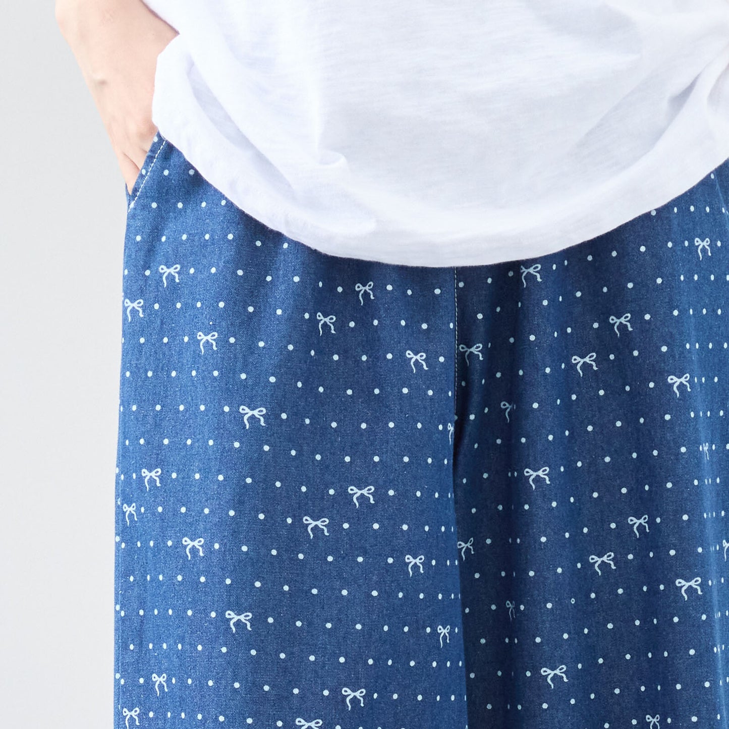 ワイド デニムパンツ M~L リボン ドット レディース ガウチョ かわいい コットン ポケット付/デニムブルー/12479007