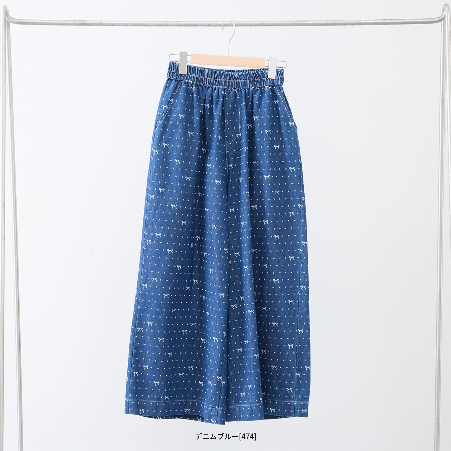 ワイド デニムパンツ M~L リボン ドット レディース ガウチョ かわいい コットン ポケット付/デニムブルー/12479007