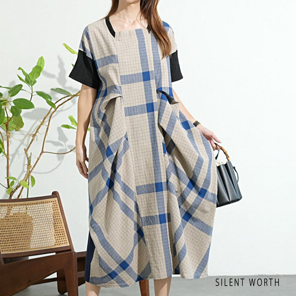 【Mサイズ】綿混チェック柄・タックデザインワンピース|大人カジュアル・体型カバー・SILENT WORTH C-3086