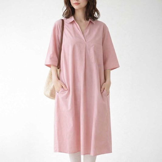 綿100 スキッパー シャツワンピース 6分袖 ゆったり 体型カバー 膝下 ミディ