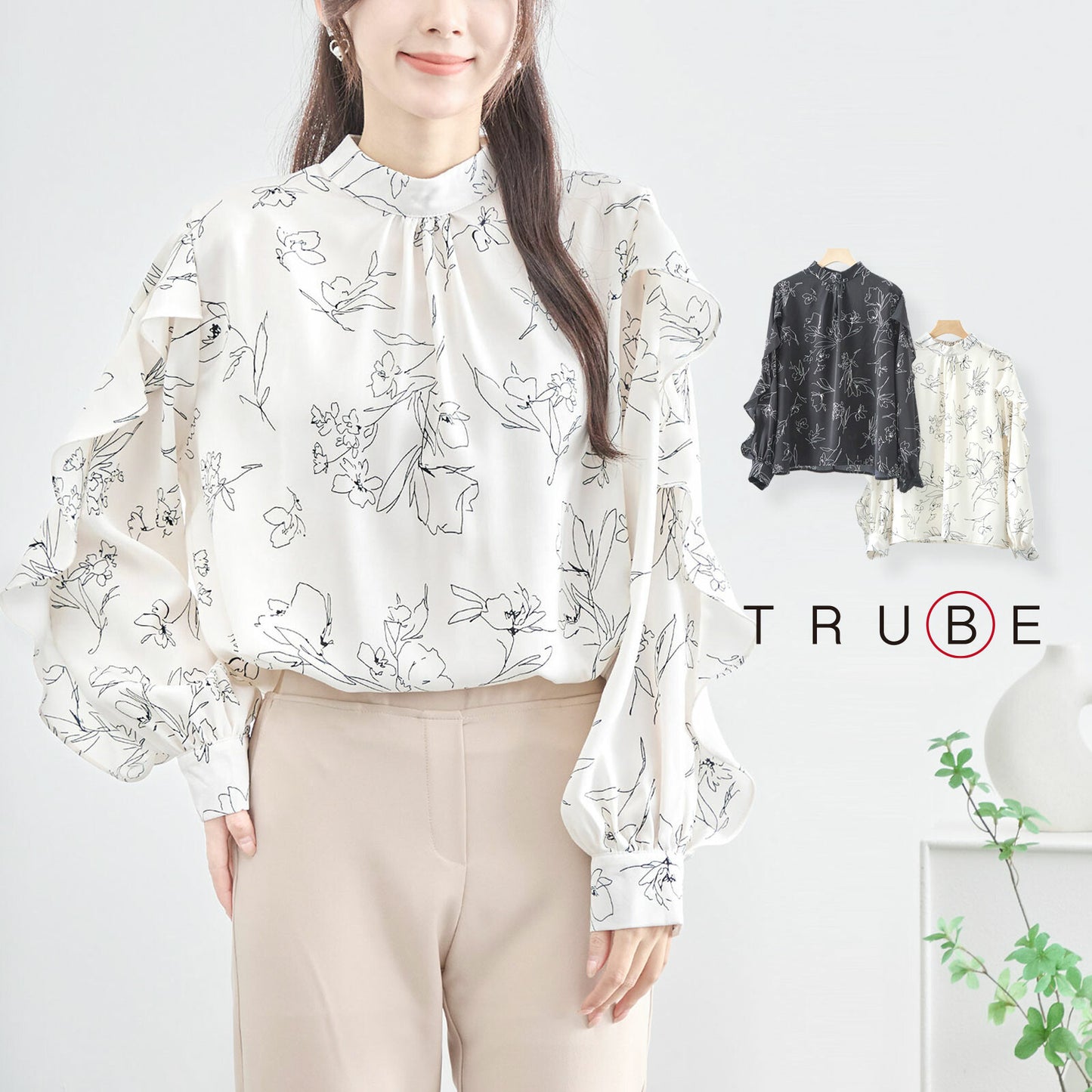 【M〜L】花柄フリルスリーブブラウス|プチハイネック・長袖トップス・きれいめ・12564811 TRUBE