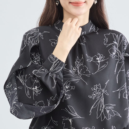 【M〜L】花柄フリルスリーブブラウス|プチハイネック・長袖トップス