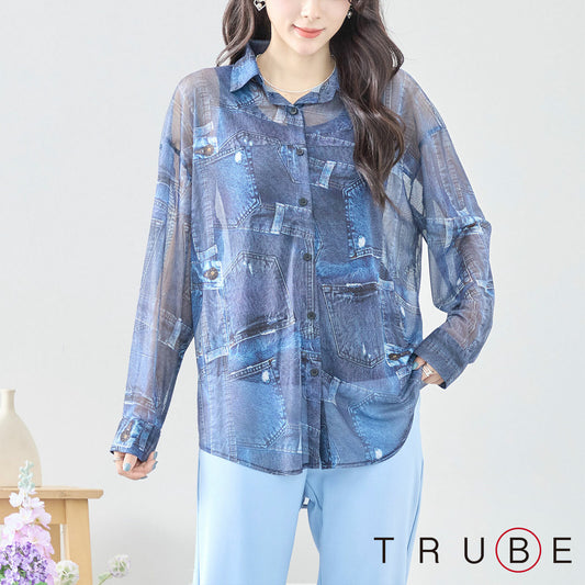 【L〜LL】シアー デニムプリント シャツ トップス(C07-220)