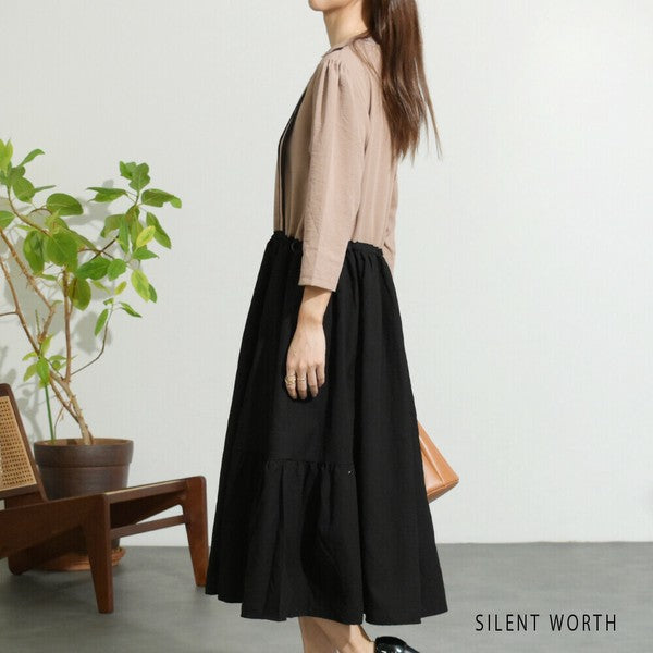 【M〜L相当】配色ドッキングワンピース|ゆったりシルエット・体型カバー・SILENT WORTH N-2896