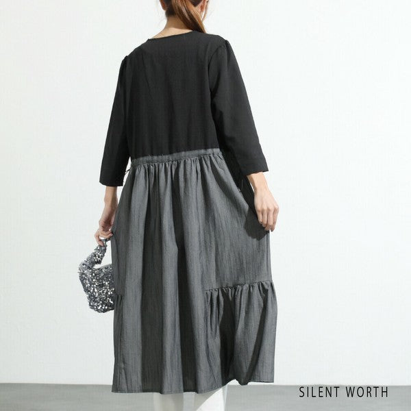 【M〜L相当】配色ドッキングワンピース|ゆったりシルエット・体型カバー・SILENT WORTH N-2896