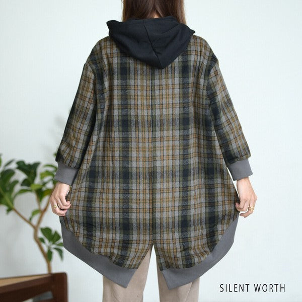 【M〜L相当】毛混×起毛チェック柄ロングテールパーカー|異素材切替・体型カバー・SILENT WORTH Z-084
