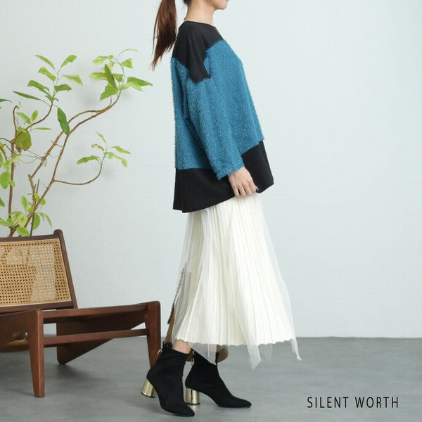 【M〜L相当】シャギー配色プルオーバー|ふんわり起毛・異素材切替・大人ナチュラル・C-3177