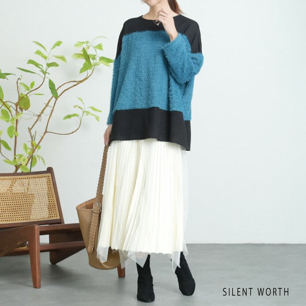 【M〜L相当】シャギー配色プルオーバー|ふんわり起毛・異素材切替・大人ナチュラル・C-3177