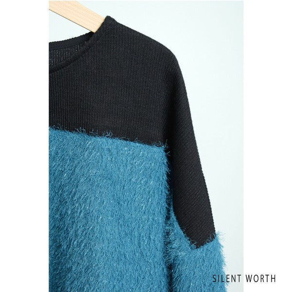 【M〜L相当】シャギー配色プルオーバー|ふんわり起毛・異素材切替・大人ナチュラル・C-3177