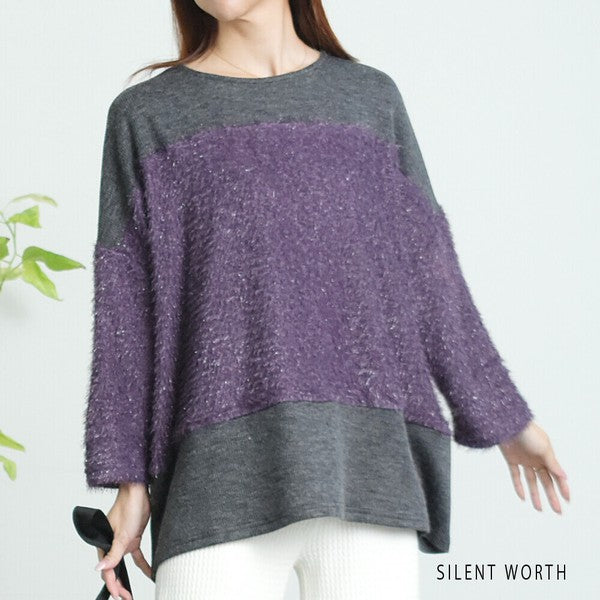 【M〜L相当】シャギー配色プルオーバー|ふんわり起毛・異素材切替・大人ナチュラル・C-3177