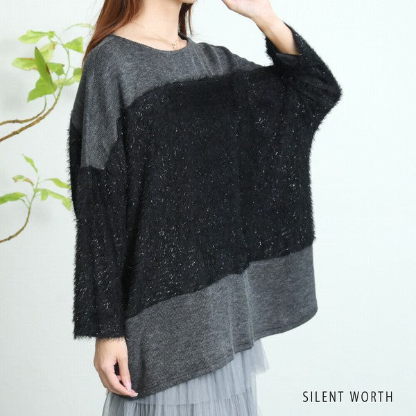 【M〜L相当】シャギー配色プルオーバー|ふんわり起毛・異素材切替・大人ナチュラル・C-3177