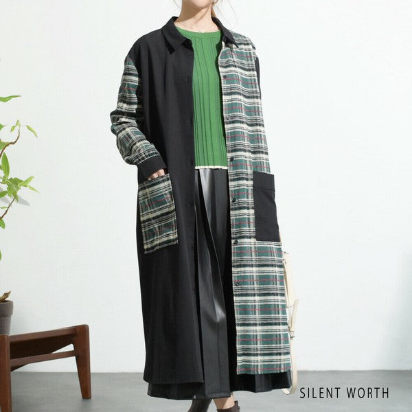【M】チェック柄パッチワークシャツワンピース|ロング丈・羽織りにも・SILENT WORTH C-3159
