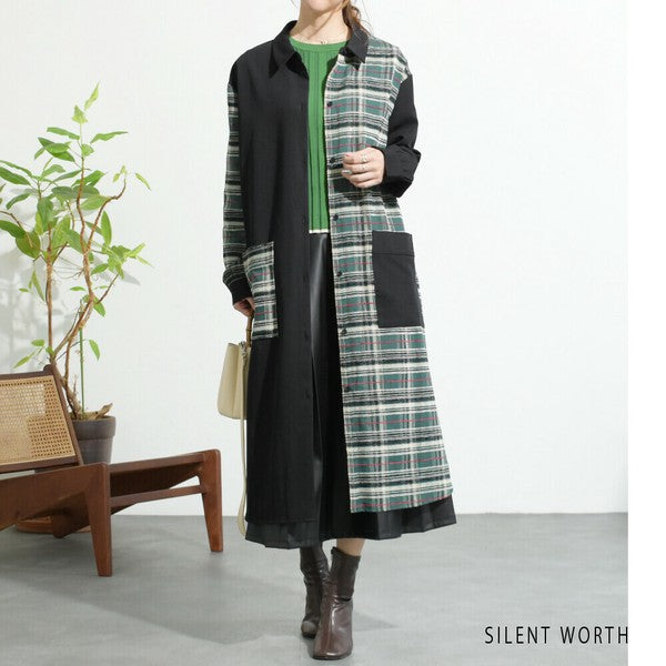 【M】チェック柄パッチワークシャツワンピース|ロング丈・羽織りにも・SILENT WORTH C-3159
