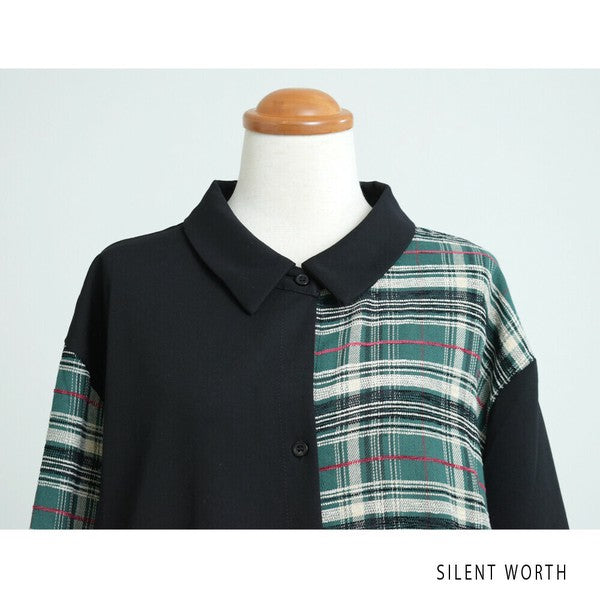 【M】チェック柄パッチワークシャツワンピース|ロング丈・羽織りにも・SILENT WORTH C-3159