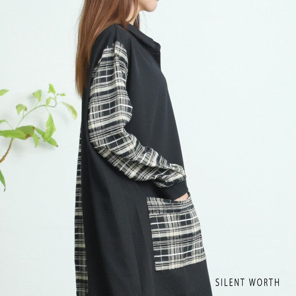 【M】チェック柄パッチワークシャツワンピース|ロング丈・羽織りにも・SILENT WORTH C-3159