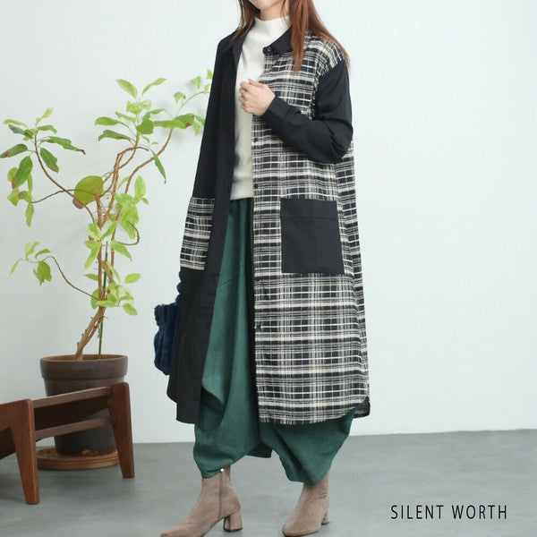 【M】チェック柄パッチワークシャツワンピース|ロング丈・羽織りにも・SILENT WORTH C-3159