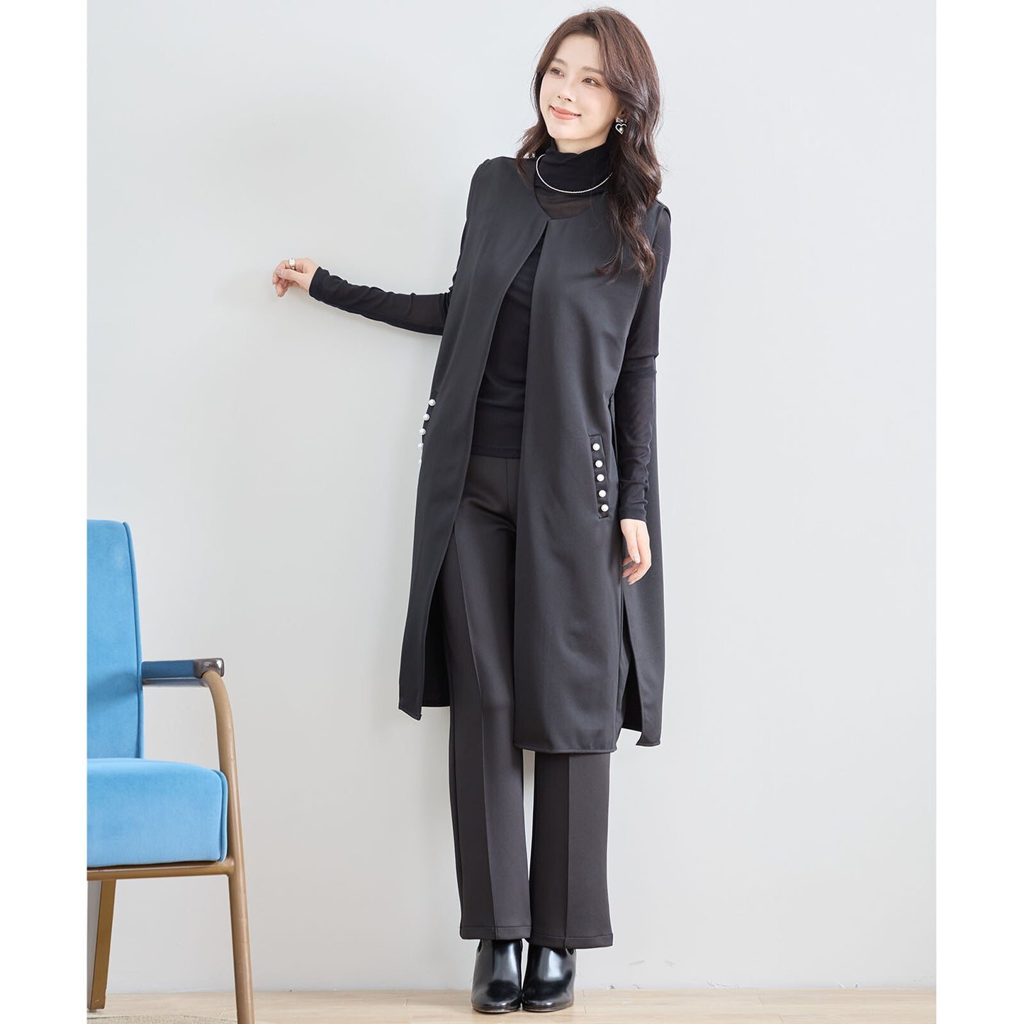【L〜LL】ポイント パール ロング ジレ ベスト トップス (N33-004)