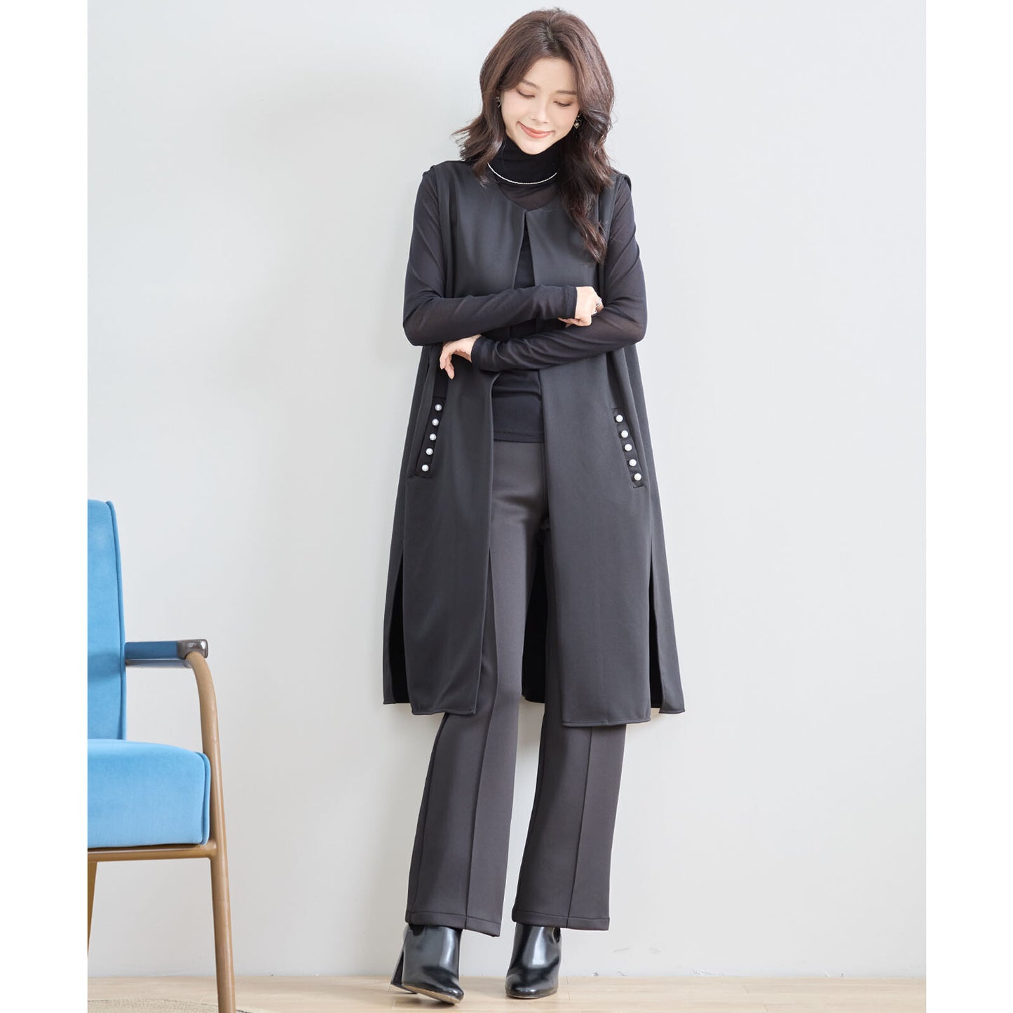 【L〜LL】ポイント パール ロング ジレ ベスト トップス (N33-004)