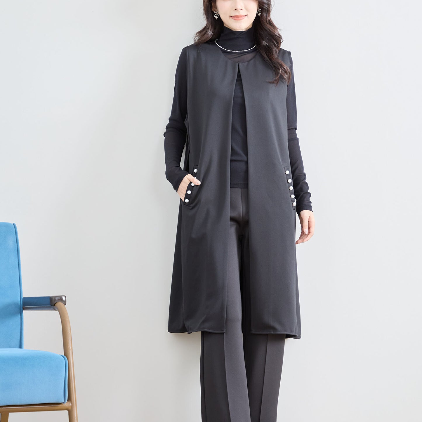 【L〜LL】ポイント パール ロング ジレ ベスト トップス (N33-004)