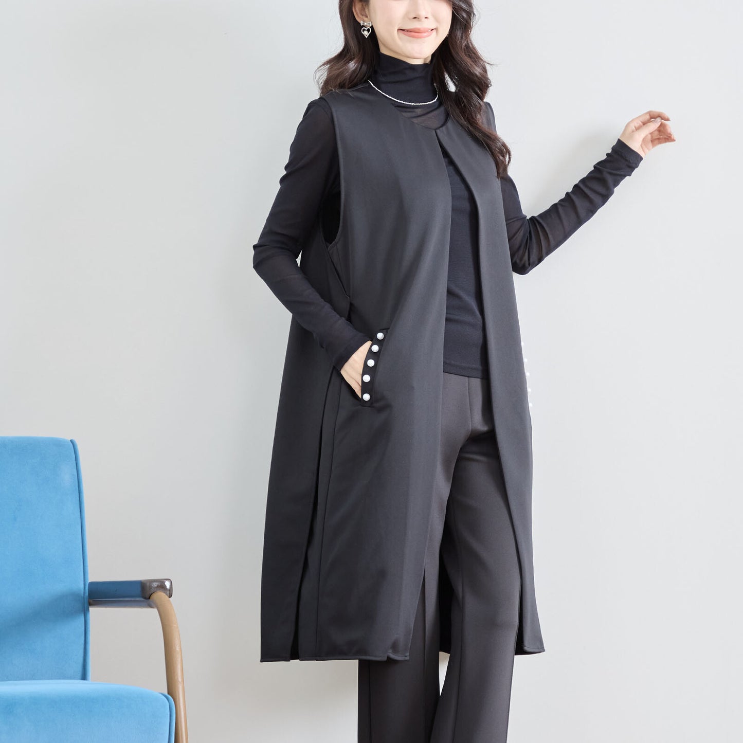 【L〜LL】ポイント パール ロング ジレ ベスト トップス (N33-004)