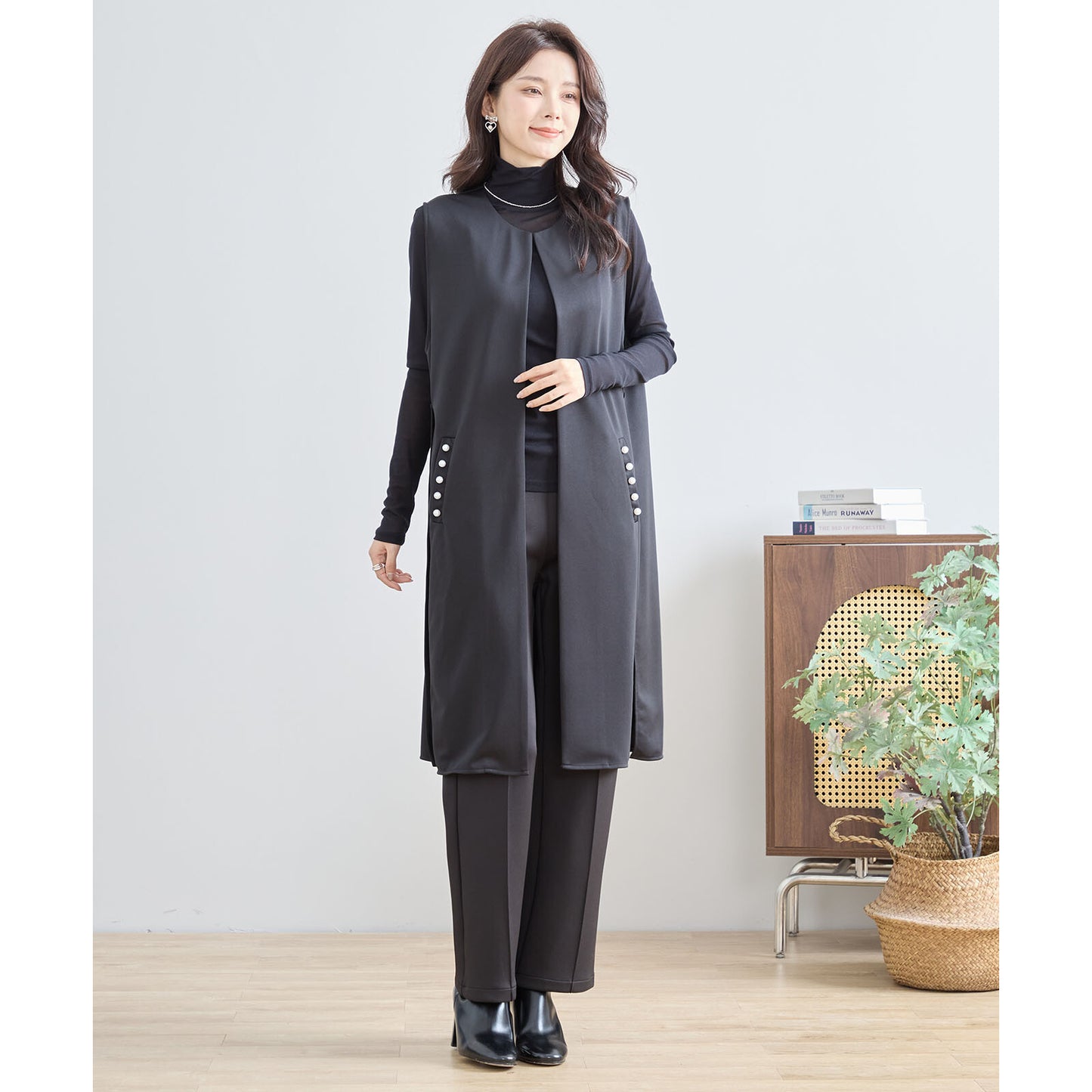 【L〜LL】ポイント パール ロング ジレ ベスト トップス (N33-004)