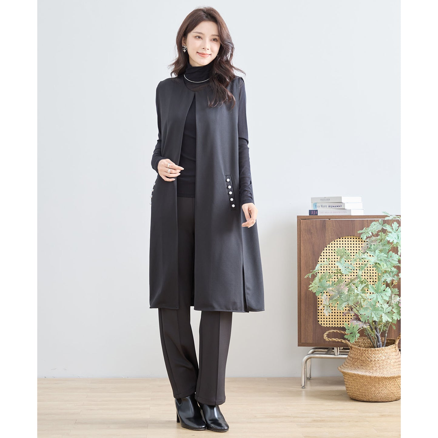 【L〜LL】ポイント パール ロング ジレ ベスト トップス (N33-004)