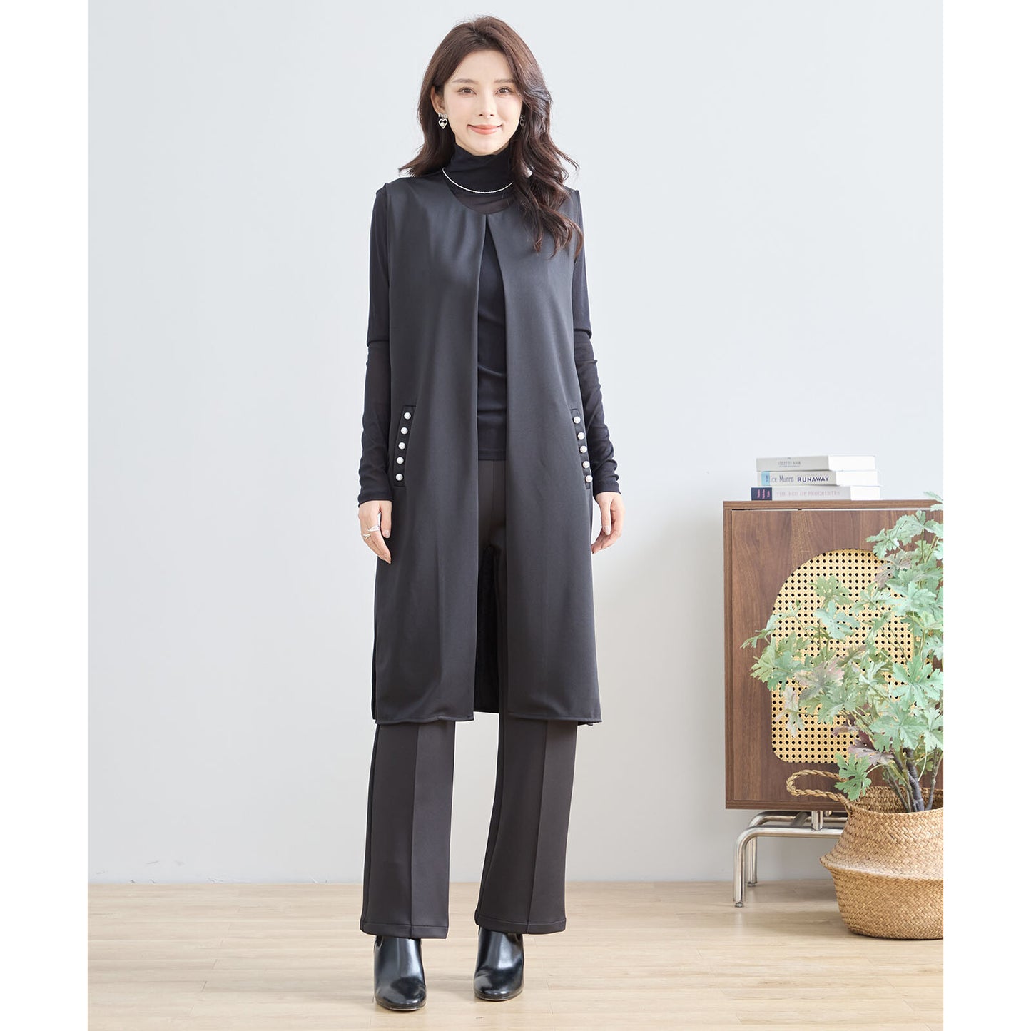 【L〜LL】ポイント パール ロング ジレ ベスト トップス (N33-004)