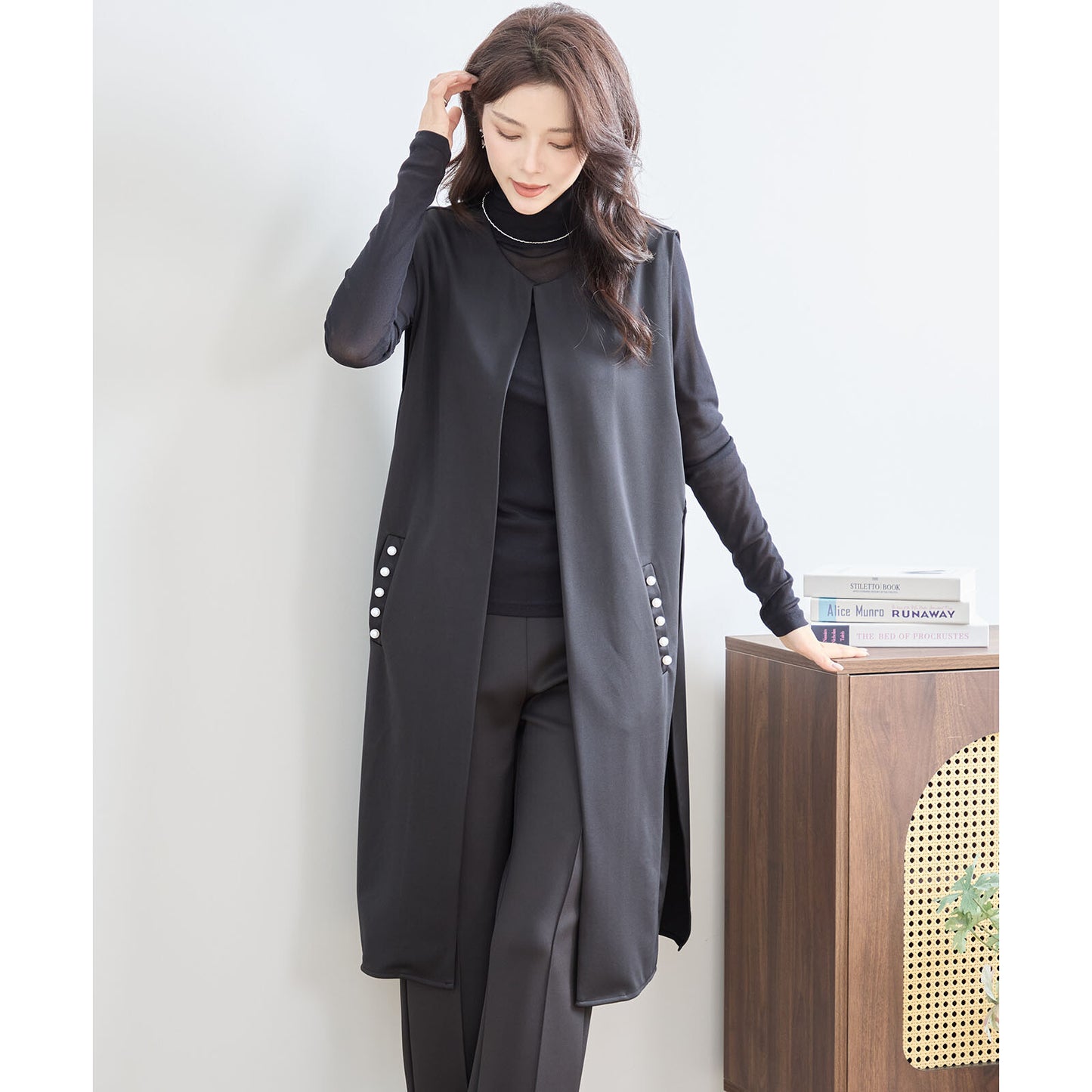 【L〜LL】ポイント パール ロング ジレ ベスト トップス (N33-004)