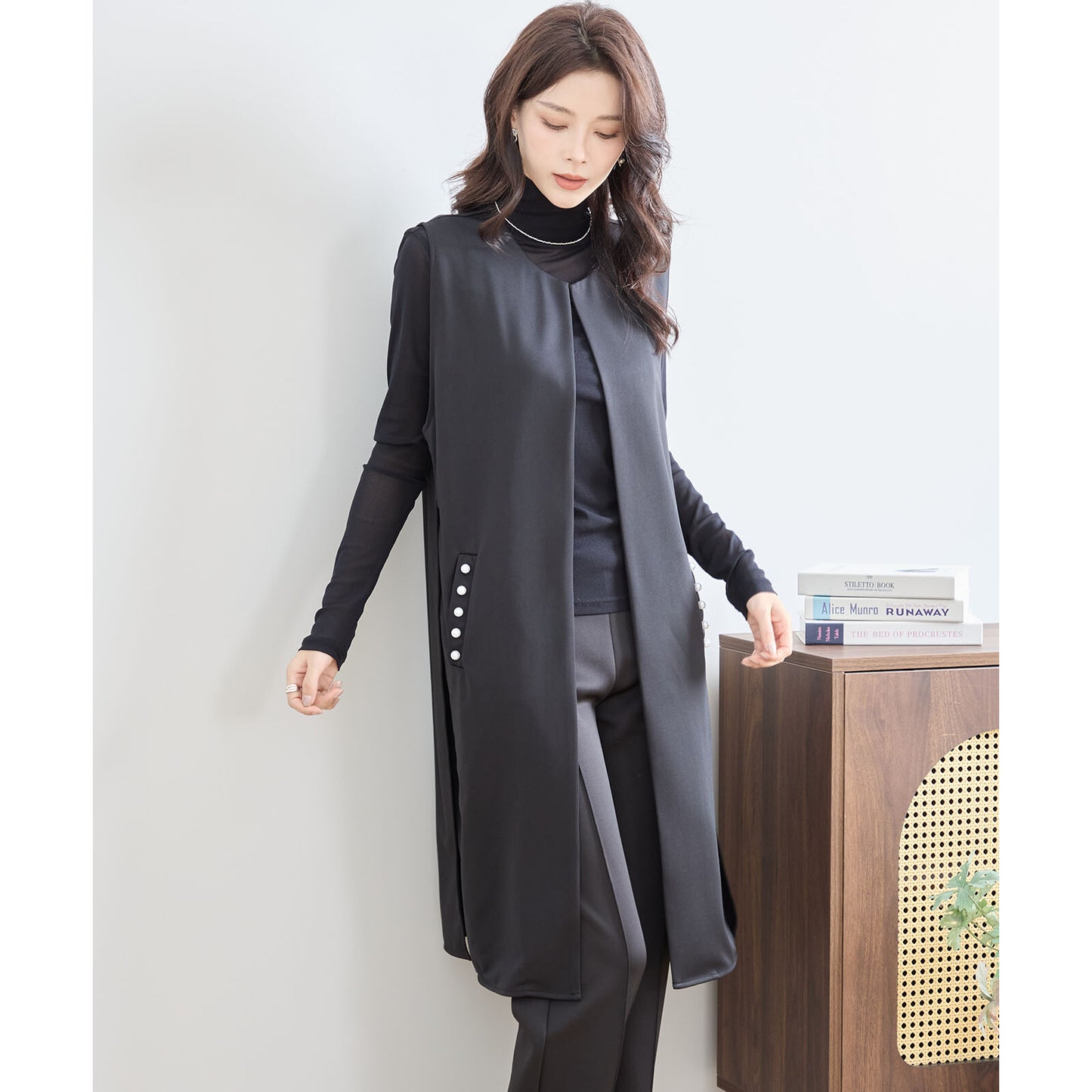 【L〜LL】ポイント パール ロング ジレ ベスト トップス (N33-004)